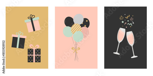 celebration posters with gifts, balloons, champagne