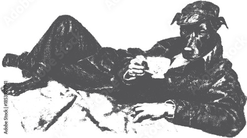 A relaxed dog character in a vintage style, sipping coffee. This monochrome vector illustration depicts a cozy pet in a comfortable pose.