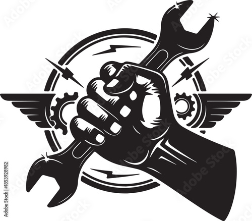 Linocut black and white etching illustration of a hand gripping pipe wrench plumber tool vintage engraving vector