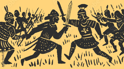 Battle scene with ancient warriors engaged in fierce combat. Historical figures illustrated in black and white, showcasing action in a vector illustration.