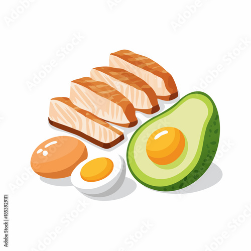 Healthy breakfast with salmon eggs avocado and boiled eggs on white background