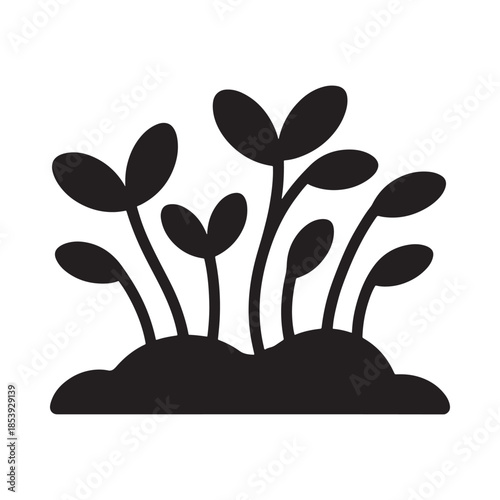 A simple black and white illustration of sprouting plants in soil
