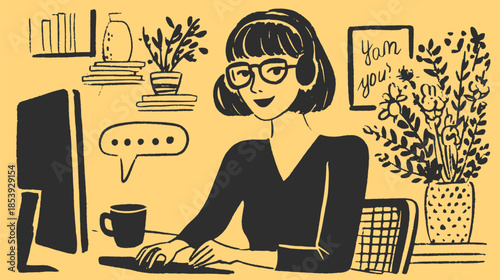 Woman working on a computer with headphones in a cozy home workspace. Stylish vector illustration featuring indoor plants and a modern design.