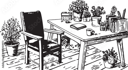 A furniture set featuring a table and chair with potted plants. Simple lineart vector illustration in black and white, showcasing a cozy workspace.