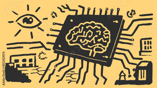Brain chip with digital circuit design. Modern vector illustration in black and white with abstract elements, suitable for technology themes.