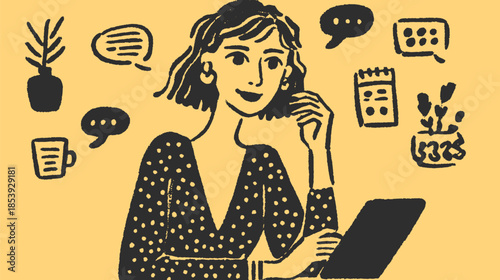 Thoughtful woman with tablet illustration in modern style. This vector artwork features a potted plant, cup, and speech bubbles, creating a colorful office set.