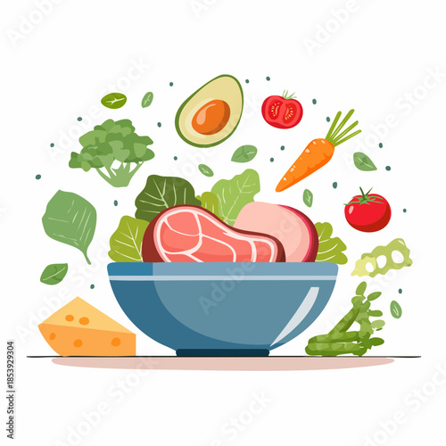 Healthy Fresh Vegetables and Fruits with Raw Meat and Egg in a Bowl for Nutritious Meal Preparation