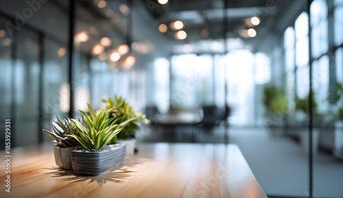 Potted plants on a wooden table in a modern office setting.