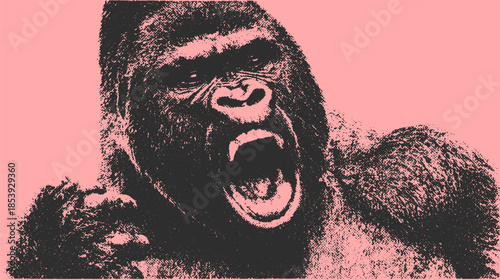 Gorilla roaring in bold black illustration. Detailed animal vector artwork with pink background, showcasing a fierce expression.