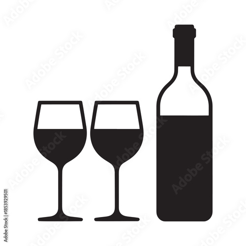 A simple black and white illustration of wine glasses and a bottle