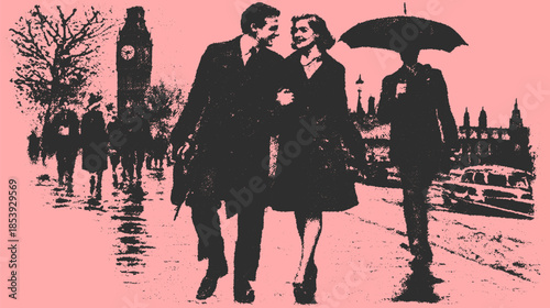 Couple walking in the city, silhouetted against a pink backdrop. Vintage vector illustration showcasing urban elements and refined clothing styles in a wet street reflection.