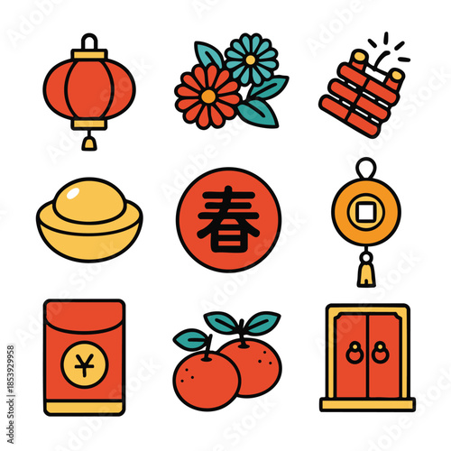 Red lantern spring flower firecracker gold ingot glow with festive cheer