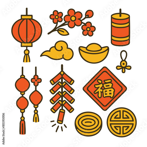 Red lantern spring blossom firecracker gold ingot lucky symbol glow with festive charm