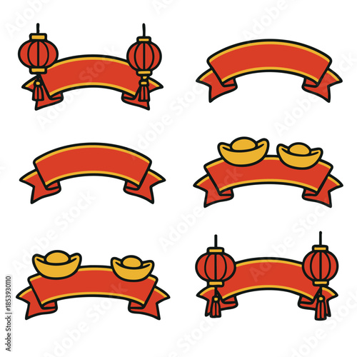 Red banner lantern ribbon gold ingot festive Chinese New Year celebration