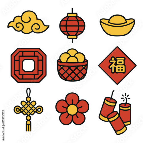Chinese new year festival icon red gold luck lantern firecracker