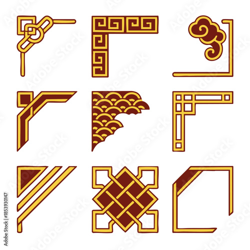 Chinese corner red gold border geometric pattern frame cloud
