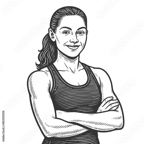 muscular female personal trainer with folded arms, smiling confidently sketch engraving generative ai fictional character vector illustration. Scratch board imitation. Black and white image.