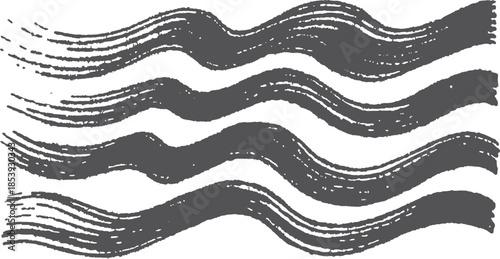 Black and white brush stroke designs in a modern set. Textured wave patterns and bold lines are featured in this vector illustration.