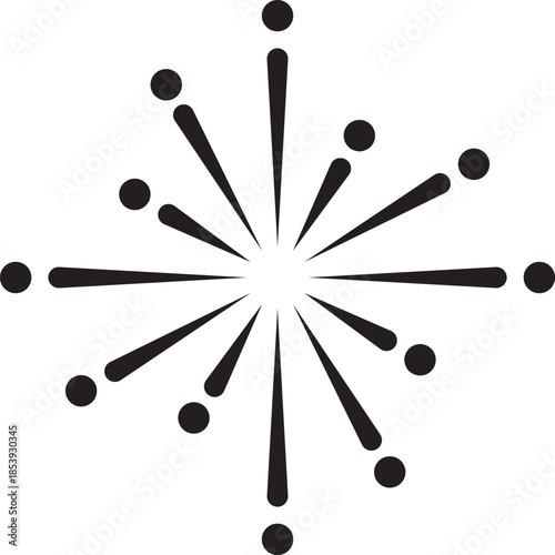 Minimal abstract radial burst icon in black silhouette style. Symmetrical dot and line design representing energy, celebration, focus, explosion, or loading symbol. Clean vector illustration for UI an