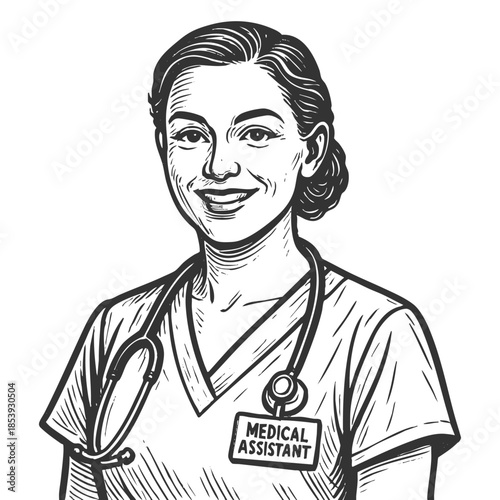 smiling female medical assistant wearing scrubs, a stethoscope, and a name badge sketch engraving generative ai fictional character vector illustration. Scratch board imitation. Black and white image.