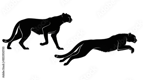 Black Cheetah Silhouette Vector Showing Standing Running Sprint and Halt Poses