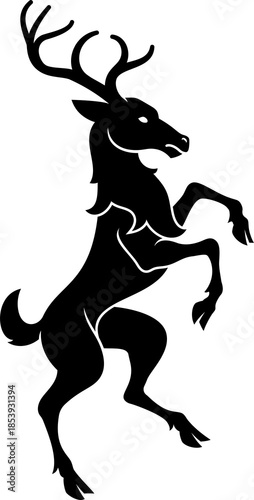 A heraldry coat of arms crest style rearing heraldic male deer or stag hart standing on hind legs in a vintage woodcut style