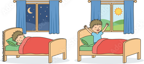 Educational vector illustration of a cute cartoon boy sleeping at night with moon and waking up happy in the sunny morning.