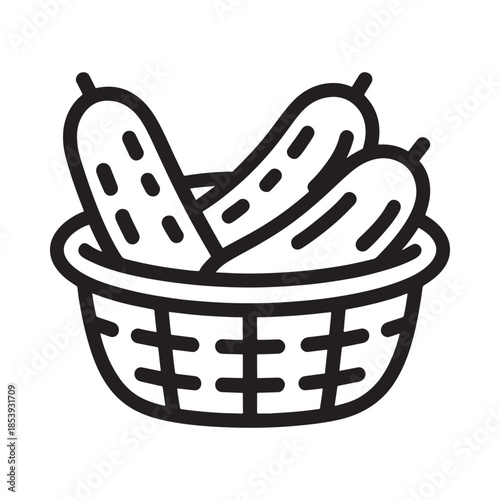 A simple line drawing of several pickles contained within a woven basket