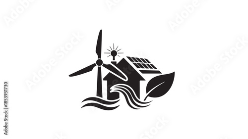 Renewable Energy Eco House Solid Icon with Solar Wind and Water Vector