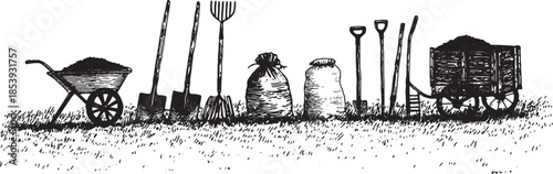 Arrangement of garden tools including a wheelbarrow, shovel, rake, and sacks on the ground. Simple vector illustration of gardening equipment set.