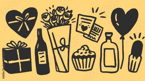 Gift items including a heart, bouquet, and card in a flat design. Colorful vector illustration set for celebration or special occasions.