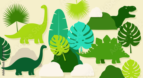 Cute Dinosaur Illustration with Tropical Leaves and Mountains, Cartoon Style