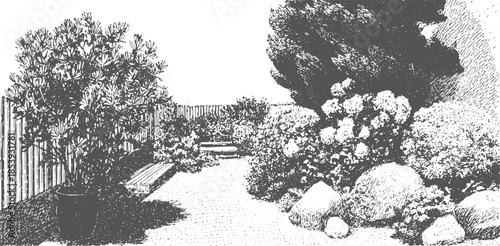 Garden scene with drawn plants, rocks, and a bench along a scenic pathway. Black and white vector illustration of an outdoor landscape.
