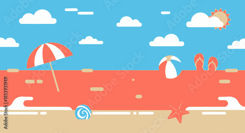 Flat design beach scene with umbrella, ball, starfish, flip flops, and sun