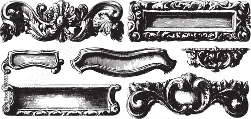 Vintage decorative frame elements in black and white. Ornate illustration set with classic flourishes and carving details, featuring vector designs.