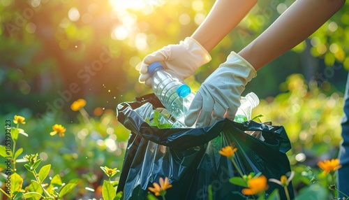 Hands wearing gloves collect plastic bottles into a black garbage bag in a sunny park, emphasizing environmental cleanup and sustainability efforts