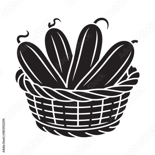 A black and white illustration of cucumbers in a woven basket