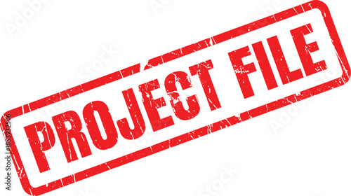 This image displays a red rectangular rubber stamp with the important text PROJECT FILE centered on a white surface