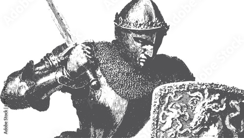 Knight in vintage armor wielding a sword and shield. Detailed black and white vector illustration of a battle-ready warrior.