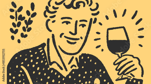 Man holding a wine glass, smiling, in a colorful vector illustration style. A vintage portrait design suitable for various backgrounds.