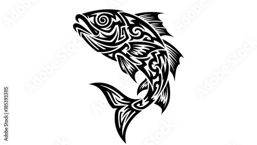 Wallpaper Mural Tribal Fish Tattoo Design, Black Silhouette on White Background, Vector Art Torontodigital.ca