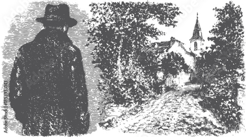 A man in a hat stands on a cobbled path surrounded by trees. This black-and-white vector illustration captures a rural landscape with a building in the background.