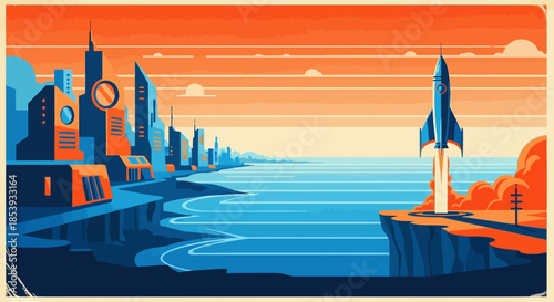 Retro Rocket Launching from Futuristic City Coastline at Sunset