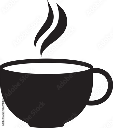 Minimal silhouette style vector tea cup logo design featuring clean black shapes, simple elegant line art, modern minimalist beverage icon ideal for café branding, tea shops, organic drink labels, pac