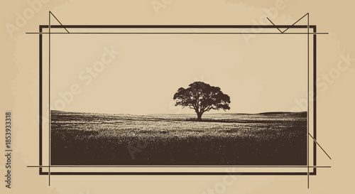 Silhouette of a lone tree in a grassy field, framed by vintage borders