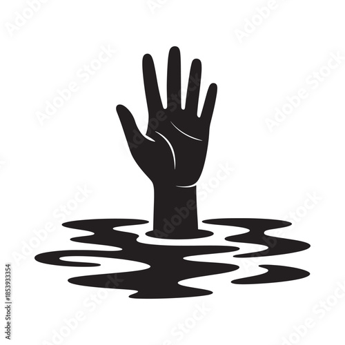 A silhouetted hand reaching up from water symbolizing struggle or desperation