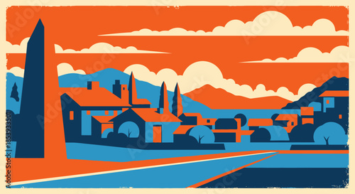 Stylized Village Landscape with Mountains and Obelisk, Retro Color Palette