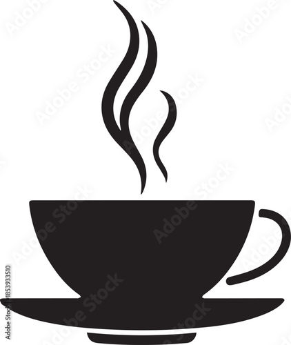 Minimal silhouette style vector tea cup logo design featuring clean black shapes, simple elegant line art, modern minimalist beverage icon ideal for café branding, tea shops, organic drink labels, pac