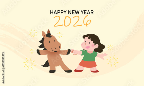 Child with zodiac horse vector illustration. Happy chinese new year of the horse 2026 greetings card.