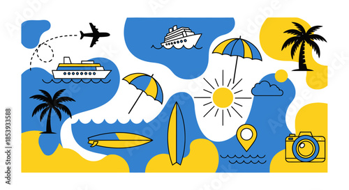 Summer Vacation Travel Icons: Airplane, Cruise Ship, Surfboard, Palm Tree, Sun, Camera